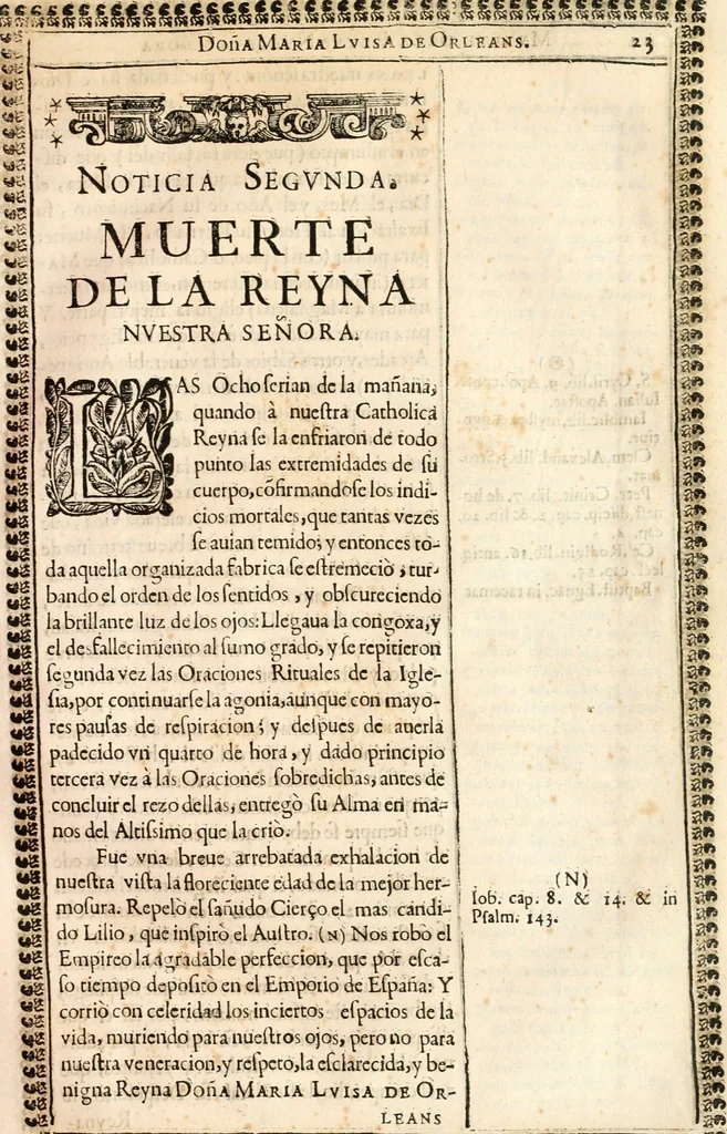 An illustration from Noticias historiales de la enfermedad, muerte, y exsequias de la esclarecida reyna de las Españas doña Maria Luisa de Orleans, Borbon Stuart y Austria, nuestra señora, dignissima consorte del rey nuestro señor Don Carlos segundo de Austria, 1690, leaf 44