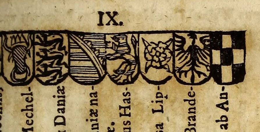 An illustration from Notitia S.R.I. principum. Genealogica & stemmatographica. Ad historiæ statúsque hodierni cognitionem plurimúm faciens. : Cui externorum item regum & principum aliquot similis cognitio accedit., 1658, leaf 525