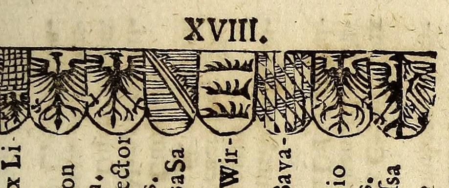 An illustration from Notitia S.R.I. principum. Genealogica & stemmatographica. Ad historiæ statúsque hodierni cognitionem plurimúm faciens. : Cui externorum item regum & principum aliquot similis cognitio accedit., 1658, leaf 543