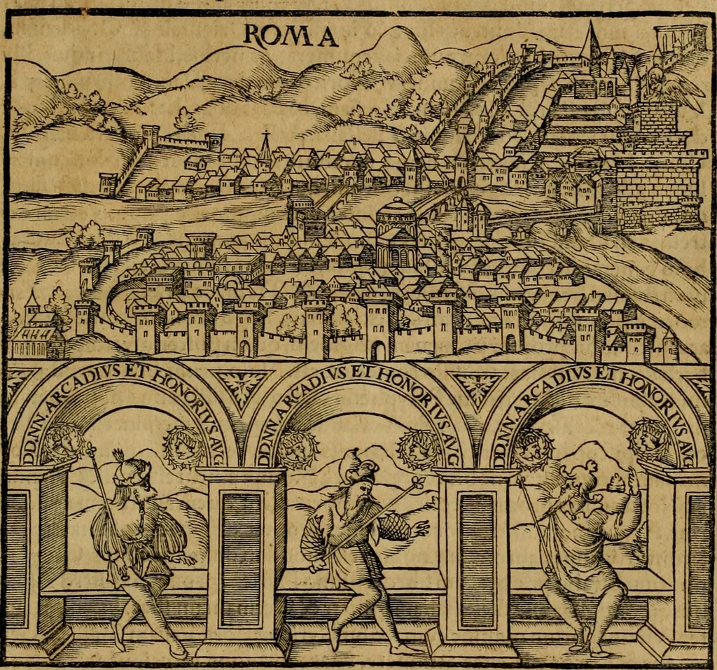 An illustration from Notitia vtraqve cvm orientis tvm occidentis vltra Arcadii Honoriiqve Cæsarvm tempora, illustre uetustatis monumentum, imò thesaurus prorsum incomparabilis : Præcedit aute D. Andreæ Alciati libellus, De magistratib. ciuilibusq; ac militaribus officijs, partim ex hac ipsa Notitia, partim aliunde desumptus : cvi succedit Descriptio urbis Romæ, quæ sub titulo Pub. Victoris circumfertur : & altera urbis Constantinopolitanæ incerto autore, nunquã antehac typis excusa, imperialium uidelicet ac primariaru sedium utriusq reipub : svbiungitur Notitiis uetustus liber De rebvs bellicis ad Theodosium Aug & filios eius Arcadium atq; Honorium, ut uidetur, scriptus incerto autore : item, ne quid de antiquo exemplari omitteretur, Disputatio Adriani Aug. & Epicteti philosophi, 1552, leaf 10