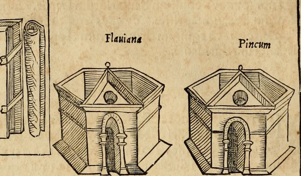 An illustration from Notitia vtraqve cvm orientis tvm occidentis vltra Arcadii Honoriiqve Cæsarvm tempora, illustre uetustatis monumentum, imò thesaurus prorsum incomparabilis : Præcedit aute D. Andreæ Alciati libellus, De magistratib. ciuilibusq; ac militaribus officijs, partim ex hac ipsa Notitia, partim aliunde desumptus : cvi succedit Descriptio urbis Romæ, quæ sub titulo Pub. Victoris circumfertur : & altera urbis Constantinopolitanæ incerto autore, nunquã antehac typis excusa, imperialium uidelicet ac primariaru sedium utriusq reipub : svbiungitur Notitiis uetustus liber De rebvs bellicis ad Theodosium Aug & filios eius Arcadium atq; Honorium, ut uidetur, scriptus incerto autore : item, ne quid de antiquo exemplari omitteretur, Disputatio Adriani Aug. & Epicteti philosophi, 1552, leaf 103