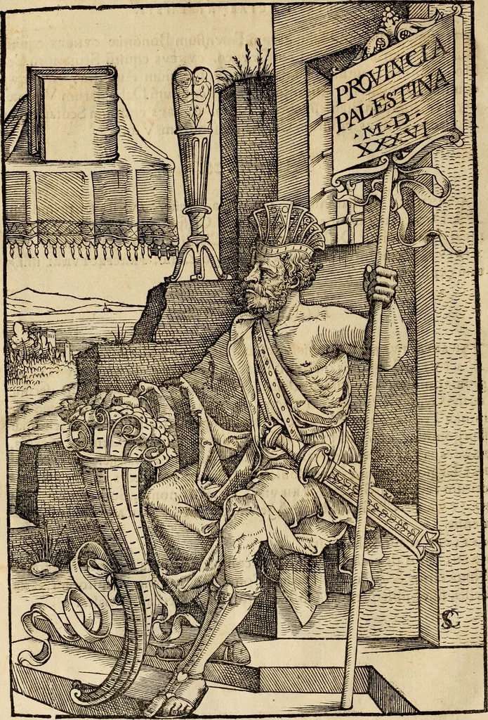 An illustration from Notitia vtraqve cvm orientis tvm occidentis vltra Arcadii Honoriiqve Cæsarvm tempora, illustre uetustatis monumentum, imò thesaurus prorsum incomparabilis : Præcedit aute D. Andreæ Alciati libellus, De magistratib. ciuilibusq; ac militaribus officijs, partim ex hac ipsa Notitia, partim aliunde desumptus : cvi succedit Descriptio urbis Romæ, quæ sub titulo Pub. Victoris circumfertur : & altera urbis Constantinopolitanæ incerto autore, nunquã antehac typis excusa, imperialium uidelicet ac primariaru sedium utriusq reipub : svbiungitur Notitiis uetustus liber De rebvs bellicis ad Theodosium Aug & filios eius Arcadium atq; Honorium, ut uidetur, scriptus incerto autore : item, ne quid de antiquo exemplari omitteretur, Disputatio Adriani Aug. & Epicteti philosophi, 1552, leaf 107