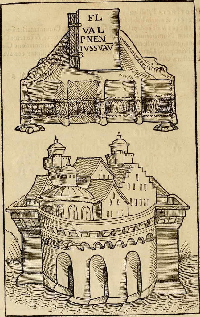 An illustration from Notitia vtraqve cvm orientis tvm occidentis vltra Arcadii Honoriiqve Cæsarvm tempora, illustre uetustatis monumentum, imò thesaurus prorsum incomparabilis : Præcedit aute D. Andreæ Alciati libellus, De magistratib. ciuilibusq; ac militaribus officijs, partim ex hac ipsa Notitia, partim aliunde desumptus : cvi succedit Descriptio urbis Romæ, quæ sub titulo Pub. Victoris circumfertur : & altera urbis Constantinopolitanæ incerto autore, nunquã antehac typis excusa, imperialium uidelicet ac primariaru sedium utriusq reipub : svbiungitur Notitiis uetustus liber De rebvs bellicis ad Theodosium Aug & filios eius Arcadium atq; Honorium, ut uidetur, scriptus incerto autore : item, ne quid de antiquo exemplari omitteretur, Disputatio Adriani Aug. & Epicteti philosophi, 1552, leaf 109