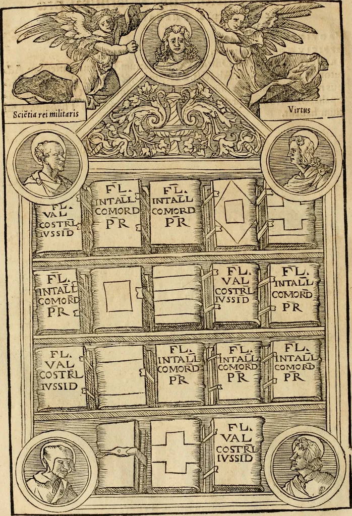 An illustration from Notitia vtraqve cvm orientis tvm occidentis vltra Arcadii Honoriiqve Cæsarvm tempora, illustre uetustatis monumentum, imò thesaurus prorsum incomparabilis : Præcedit aute D. Andreæ Alciati libellus, De magistratib. ciuilibusq; ac militaribus officijs, partim ex hac ipsa Notitia, partim aliunde desumptus : cvi succedit Descriptio urbis Romæ, quæ sub titulo Pub. Victoris circumfertur : & altera urbis Constantinopolitanæ incerto autore, nunquã antehac typis excusa, imperialium uidelicet ac primariaru sedium utriusq reipub : svbiungitur Notitiis uetustus liber De rebvs bellicis ad Theodosium Aug & filios eius Arcadium atq; Honorium, ut uidetur, scriptus incerto autore : item, ne quid de antiquo exemplari omitteretur, Disputatio Adriani Aug. & Epicteti philosophi, 1552, leaf 111
