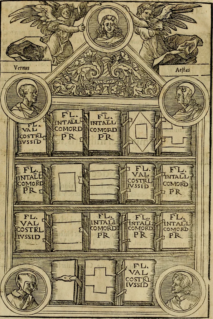 An illustration from Notitia vtraqve cvm orientis tvm occidentis vltra Arcadii Honoriiqve Cæsarvm tempora, illustre uetustatis monumentum, imò thesaurus prorsum incomparabilis : Præcedit aute D. Andreæ Alciati libellus, De magistratib. ciuilibusq; ac militaribus officijs, partim ex hac ipsa Notitia, partim aliunde desumptus : cvi succedit Descriptio urbis Romæ, quæ sub titulo Pub. Victoris circumfertur : & altera urbis Constantinopolitanæ incerto autore, nunquã antehac typis excusa, imperialium uidelicet ac primariaru sedium utriusq reipub : svbiungitur Notitiis uetustus liber De rebvs bellicis ad Theodosium Aug & filios eius Arcadium atq; Honorium, ut uidetur, scriptus incerto autore : item, ne quid de antiquo exemplari omitteretur, Disputatio Adriani Aug. & Epicteti philosophi, 1552, leaf 112