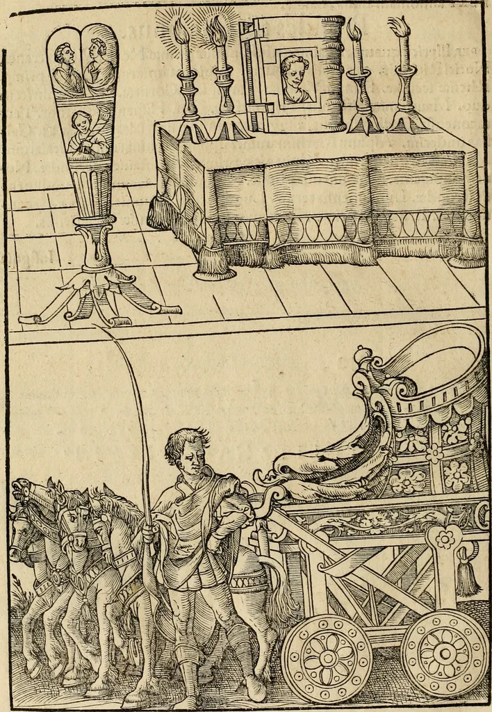 An illustration from Notitia vtraqve cvm orientis tvm occidentis vltra Arcadii Honoriiqve Cæsarvm tempora, illustre uetustatis monumentum, imò thesaurus prorsum incomparabilis : Præcedit aute D. Andreæ Alciati libellus, De magistratib. ciuilibusq; ac militaribus officijs, partim ex hac ipsa Notitia, partim aliunde desumptus : cvi succedit Descriptio urbis Romæ, quæ sub titulo Pub. Victoris circumfertur : & altera urbis Constantinopolitanæ incerto autore, nunquã antehac typis excusa, imperialium uidelicet ac primariaru sedium utriusq reipub : svbiungitur Notitiis uetustus liber De rebvs bellicis ad Theodosium Aug & filios eius Arcadium atq; Honorium, ut uidetur, scriptus incerto autore : item, ne quid de antiquo exemplari omitteretur, Disputatio Adriani Aug. & Epicteti philosophi, 1552, leaf 115