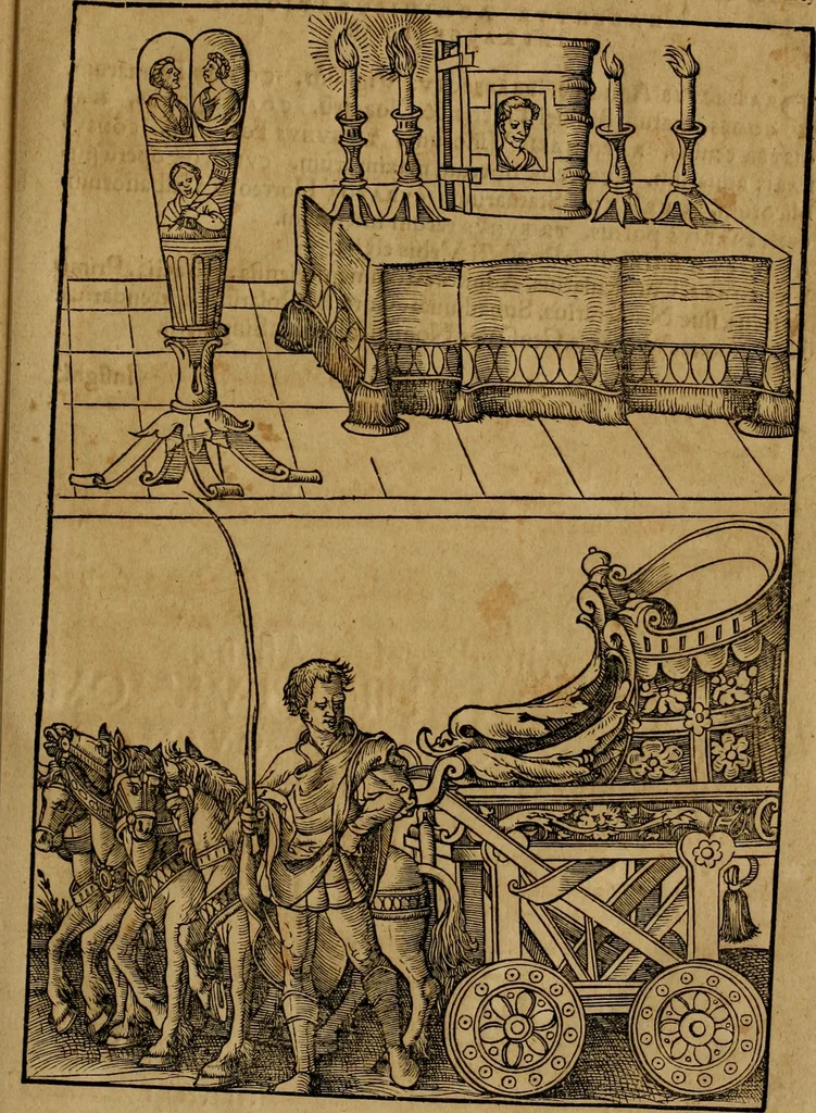 An illustration from Notitia vtraqve cvm orientis tvm occidentis vltra Arcadii Honoriiqve Cæsarvm tempora, illustre uetustatis monumentum, imò thesaurus prorsum incomparabilis : Præcedit aute D. Andreæ Alciati libellus, De magistratib. ciuilibusq; ac militaribus officijs, partim ex hac ipsa Notitia, partim aliunde desumptus : cvi succedit Descriptio urbis Romæ, quæ sub titulo Pub. Victoris circumfertur : & altera urbis Constantinopolitanæ incerto autore, nunquã antehac typis excusa, imperialium uidelicet ac primariaru sedium utriusq reipub : svbiungitur Notitiis uetustus liber De rebvs bellicis ad Theodosium Aug & filios eius Arcadium atq; Honorium, ut uidetur, scriptus incerto autore : item, ne quid de antiquo exemplari omitteretur, Disputatio Adriani Aug. & Epicteti philosophi, 1552, leaf 118