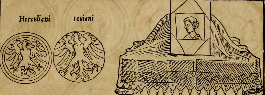 An illustration from Notitia vtraqve cvm orientis tvm occidentis vltra Arcadii Honoriiqve Cæsarvm tempora, illustre uetustatis monumentum, imò thesaurus prorsum incomparabilis : Præcedit aute D. Andreæ Alciati libellus, De magistratib. ciuilibusq; ac militaribus officijs, partim ex hac ipsa Notitia, partim aliunde desumptus : cvi succedit Descriptio urbis Romæ, quæ sub titulo Pub. Victoris circumfertur : & altera urbis Constantinopolitanæ incerto autore, nunquã antehac typis excusa, imperialium uidelicet ac primariaru sedium utriusq reipub : svbiungitur Notitiis uetustus liber De rebvs bellicis ad Theodosium Aug & filios eius Arcadium atq; Honorium, ut uidetur, scriptus incerto autore : item, ne quid de antiquo exemplari omitteretur, Disputatio Adriani Aug. & Epicteti philosophi, 1552, leaf 120