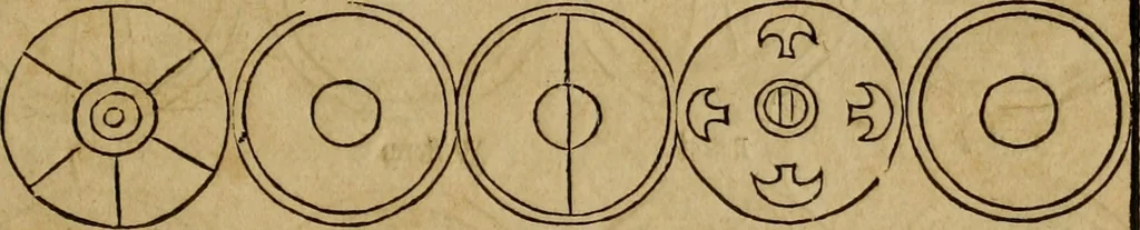 An illustration from Notitia vtraqve cvm orientis tvm occidentis vltra Arcadii Honoriiqve Cæsarvm tempora, illustre uetustatis monumentum, imò thesaurus prorsum incomparabilis : Præcedit aute D. Andreæ Alciati libellus, De magistratib. ciuilibusq; ac militaribus officijs, partim ex hac ipsa Notitia, partim aliunde desumptus : cvi succedit Descriptio urbis Romæ, quæ sub titulo Pub. Victoris circumfertur : & altera urbis Constantinopolitanæ incerto autore, nunquã antehac typis excusa, imperialium uidelicet ac primariaru sedium utriusq reipub : svbiungitur Notitiis uetustus liber De rebvs bellicis ad Theodosium Aug & filios eius Arcadium atq; Honorium, ut uidetur, scriptus incerto autore : item, ne quid de antiquo exemplari omitteretur, Disputatio Adriani Aug. & Epicteti philosophi, 1552, leaf 120
