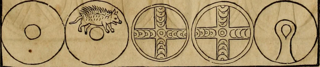 An illustration from Notitia vtraqve cvm orientis tvm occidentis vltra Arcadii Honoriiqve Cæsarvm tempora, illustre uetustatis monumentum, imò thesaurus prorsum incomparabilis : Præcedit aute D. Andreæ Alciati libellus, De magistratib. ciuilibusq; ac militaribus officijs, partim ex hac ipsa Notitia, partim aliunde desumptus : cvi succedit Descriptio urbis Romæ, quæ sub titulo Pub. Victoris circumfertur : & altera urbis Constantinopolitanæ incerto autore, nunquã antehac typis excusa, imperialium uidelicet ac primariaru sedium utriusq reipub : svbiungitur Notitiis uetustus liber De rebvs bellicis ad Theodosium Aug & filios eius Arcadium atq; Honorium, ut uidetur, scriptus incerto autore : item, ne quid de antiquo exemplari omitteretur, Disputatio Adriani Aug. & Epicteti philosophi, 1552, leaf 120