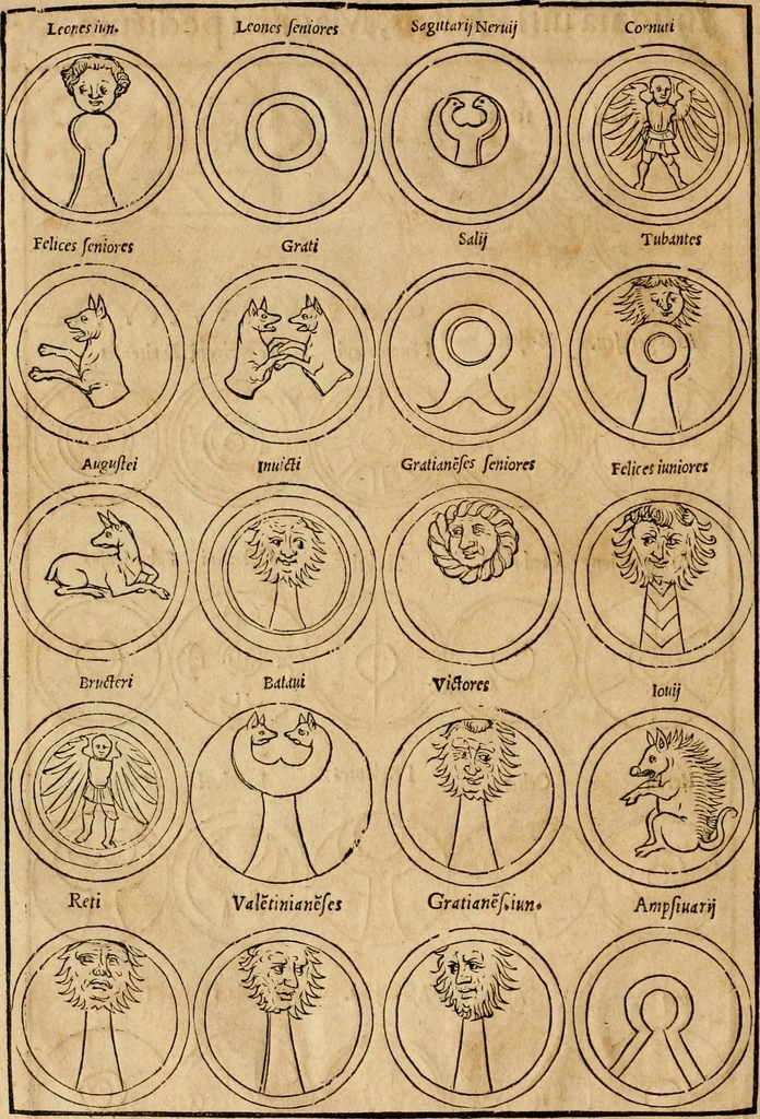 An illustration from Notitia vtraqve cvm orientis tvm occidentis vltra Arcadii Honoriiqve Cæsarvm tempora, illustre uetustatis monumentum, imò thesaurus prorsum incomparabilis : Præcedit aute D. Andreæ Alciati libellus, De magistratib. ciuilibusq; ac militaribus officijs, partim ex hac ipsa Notitia, partim aliunde desumptus : cvi succedit Descriptio urbis Romæ, quæ sub titulo Pub. Victoris circumfertur : & altera urbis Constantinopolitanæ incerto autore, nunquã antehac typis excusa, imperialium uidelicet ac primariaru sedium utriusq reipub : svbiungitur Notitiis uetustus liber De rebvs bellicis ad Theodosium Aug & filios eius Arcadium atq; Honorium, ut uidetur, scriptus incerto autore : item, ne quid de antiquo exemplari omitteretur, Disputatio Adriani Aug. & Epicteti philosophi, 1552, leaf 121