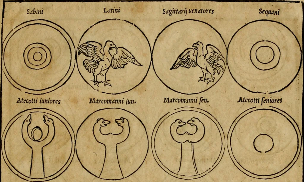 An illustration from Notitia vtraqve cvm orientis tvm occidentis vltra Arcadii Honoriiqve Cæsarvm tempora, illustre uetustatis monumentum, imò thesaurus prorsum incomparabilis : Præcedit aute D. Andreæ Alciati libellus, De magistratib. ciuilibusq; ac militaribus officijs, partim ex hac ipsa Notitia, partim aliunde desumptus : cvi succedit Descriptio urbis Romæ, quæ sub titulo Pub. Victoris circumfertur : & altera urbis Constantinopolitanæ incerto autore, nunquã antehac typis excusa, imperialium uidelicet ac primariaru sedium utriusq reipub : svbiungitur Notitiis uetustus liber De rebvs bellicis ad Theodosium Aug & filios eius Arcadium atq; Honorium, ut uidetur, scriptus incerto autore : item, ne quid de antiquo exemplari omitteretur, Disputatio Adriani Aug. & Epicteti philosophi, 1552, leaf 122