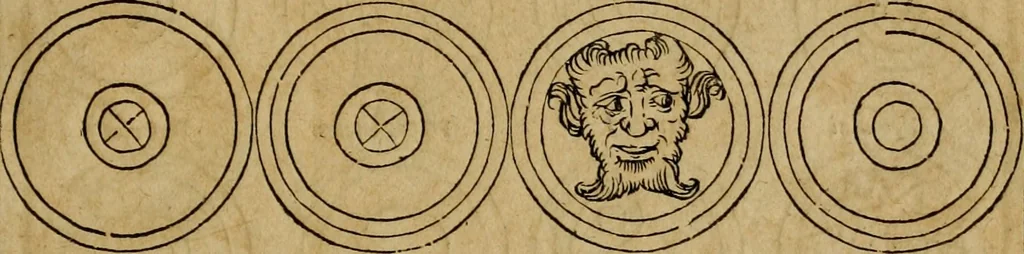 An illustration from Notitia vtraqve cvm orientis tvm occidentis vltra Arcadii Honoriiqve Cæsarvm tempora, illustre uetustatis monumentum, imò thesaurus prorsum incomparabilis : Præcedit aute D. Andreæ Alciati libellus, De magistratib. ciuilibusq; ac militaribus officijs, partim ex hac ipsa Notitia, partim aliunde desumptus : cvi succedit Descriptio urbis Romæ, quæ sub titulo Pub. Victoris circumfertur : & altera urbis Constantinopolitanæ incerto autore, nunquã antehac typis excusa, imperialium uidelicet ac primariaru sedium utriusq reipub : svbiungitur Notitiis uetustus liber De rebvs bellicis ad Theodosium Aug & filios eius Arcadium atq; Honorium, ut uidetur, scriptus incerto autore : item, ne quid de antiquo exemplari omitteretur, Disputatio Adriani Aug. & Epicteti philosophi, 1552, leaf 122