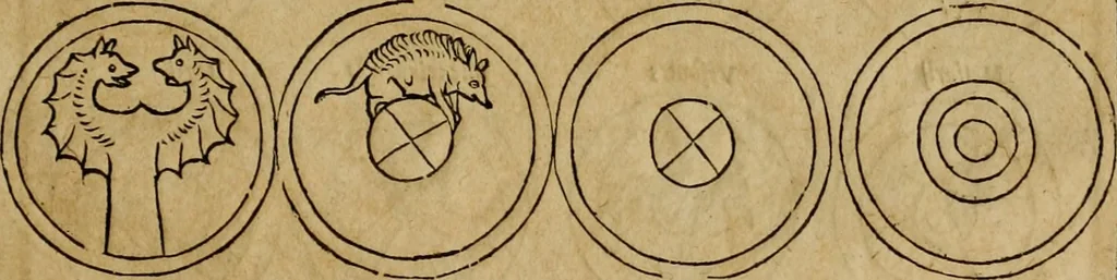 An illustration from Notitia vtraqve cvm orientis tvm occidentis vltra Arcadii Honoriiqve Cæsarvm tempora, illustre uetustatis monumentum, imò thesaurus prorsum incomparabilis : Præcedit aute D. Andreæ Alciati libellus, De magistratib. ciuilibusq; ac militaribus officijs, partim ex hac ipsa Notitia, partim aliunde desumptus : cvi succedit Descriptio urbis Romæ, quæ sub titulo Pub. Victoris circumfertur : & altera urbis Constantinopolitanæ incerto autore, nunquã antehac typis excusa, imperialium uidelicet ac primariaru sedium utriusq reipub : svbiungitur Notitiis uetustus liber De rebvs bellicis ad Theodosium Aug & filios eius Arcadium atq; Honorium, ut uidetur, scriptus incerto autore : item, ne quid de antiquo exemplari omitteretur, Disputatio Adriani Aug. & Epicteti philosophi, 1552, leaf 122