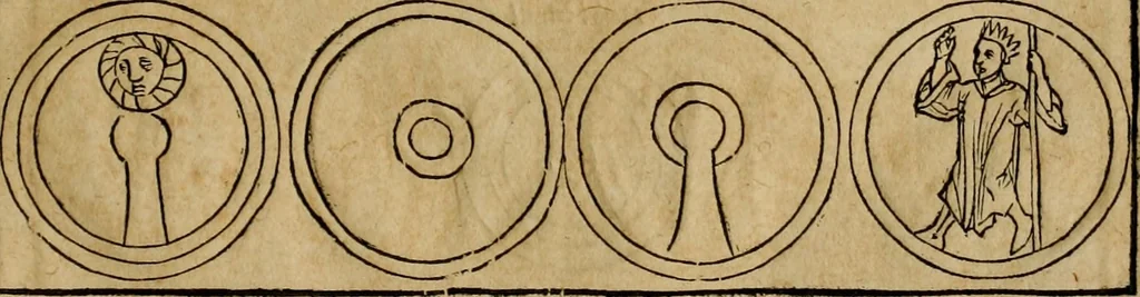 An illustration from Notitia vtraqve cvm orientis tvm occidentis vltra Arcadii Honoriiqve Cæsarvm tempora, illustre uetustatis monumentum, imò thesaurus prorsum incomparabilis : Præcedit aute D. Andreæ Alciati libellus, De magistratib. ciuilibusq; ac militaribus officijs, partim ex hac ipsa Notitia, partim aliunde desumptus : cvi succedit Descriptio urbis Romæ, quæ sub titulo Pub. Victoris circumfertur : & altera urbis Constantinopolitanæ incerto autore, nunquã antehac typis excusa, imperialium uidelicet ac primariaru sedium utriusq reipub : svbiungitur Notitiis uetustus liber De rebvs bellicis ad Theodosium Aug & filios eius Arcadium atq; Honorium, ut uidetur, scriptus incerto autore : item, ne quid de antiquo exemplari omitteretur, Disputatio Adriani Aug. & Epicteti philosophi, 1552, leaf 122