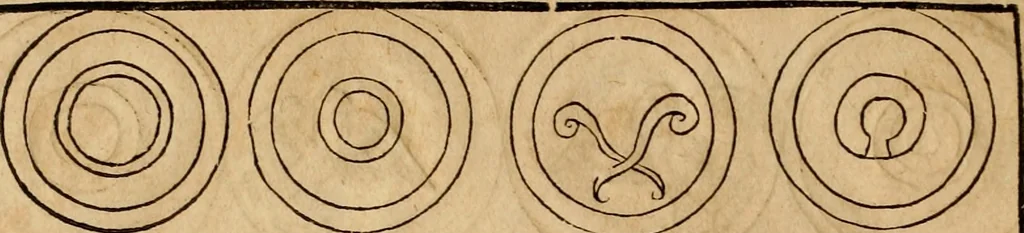 An illustration from Notitia vtraqve cvm orientis tvm occidentis vltra Arcadii Honoriiqve Cæsarvm tempora, illustre uetustatis monumentum, imò thesaurus prorsum incomparabilis : Præcedit aute D. Andreæ Alciati libellus, De magistratib. ciuilibusq; ac militaribus officijs, partim ex hac ipsa Notitia, partim aliunde desumptus : cvi succedit Descriptio urbis Romæ, quæ sub titulo Pub. Victoris circumfertur : & altera urbis Constantinopolitanæ incerto autore, nunquã antehac typis excusa, imperialium uidelicet ac primariaru sedium utriusq reipub : svbiungitur Notitiis uetustus liber De rebvs bellicis ad Theodosium Aug & filios eius Arcadium atq; Honorium, ut uidetur, scriptus incerto autore : item, ne quid de antiquo exemplari omitteretur, Disputatio Adriani Aug. & Epicteti philosophi, 1552, leaf 123