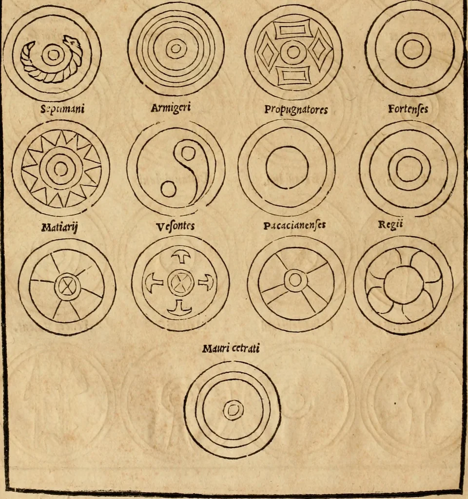 An illustration from Notitia vtraqve cvm orientis tvm occidentis vltra Arcadii Honoriiqve Cæsarvm tempora, illustre uetustatis monumentum, imò thesaurus prorsum incomparabilis : Præcedit aute D. Andreæ Alciati libellus, De magistratib. ciuilibusq; ac militaribus officijs, partim ex hac ipsa Notitia, partim aliunde desumptus : cvi succedit Descriptio urbis Romæ, quæ sub titulo Pub. Victoris circumfertur : & altera urbis Constantinopolitanæ incerto autore, nunquã antehac typis excusa, imperialium uidelicet ac primariaru sedium utriusq reipub : svbiungitur Notitiis uetustus liber De rebvs bellicis ad Theodosium Aug & filios eius Arcadium atq; Honorium, ut uidetur, scriptus incerto autore : item, ne quid de antiquo exemplari omitteretur, Disputatio Adriani Aug. & Epicteti philosophi, 1552, leaf 123