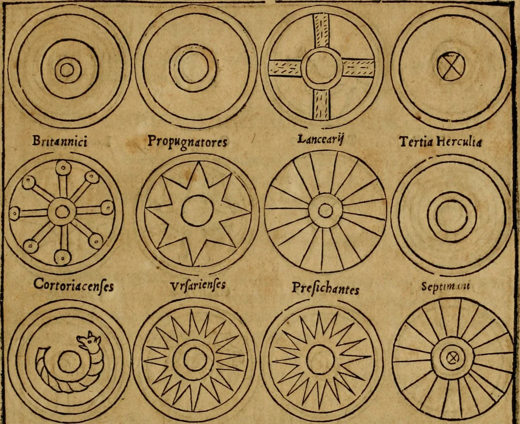 An illustration from Notitia vtraqve cvm orientis tvm occidentis vltra Arcadii Honoriiqve Cæsarvm tempora, illustre uetustatis monumentum, imò thesaurus prorsum incomparabilis : Præcedit aute D. Andreæ Alciati libellus, De magistratib. ciuilibusq; ac militaribus officijs, partim ex hac ipsa Notitia, partim aliunde desumptus : cvi succedit Descriptio urbis Romæ, quæ sub titulo Pub. Victoris circumfertur : & altera urbis Constantinopolitanæ incerto autore, nunquã antehac typis excusa, imperialium uidelicet ac primariaru sedium utriusq reipub : svbiungitur Notitiis uetustus liber De rebvs bellicis ad Theodosium Aug & filios eius Arcadium atq; Honorium, ut uidetur, scriptus incerto autore : item, ne quid de antiquo exemplari omitteretur, Disputatio Adriani Aug. & Epicteti philosophi, 1552, leaf 124