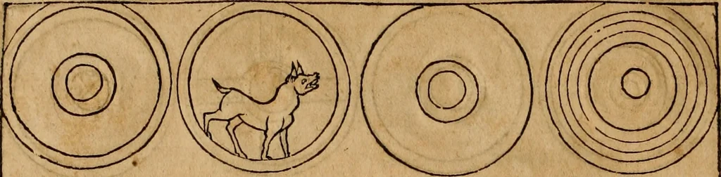 An illustration from Notitia vtraqve cvm orientis tvm occidentis vltra Arcadii Honoriiqve Cæsarvm tempora, illustre uetustatis monumentum, imò thesaurus prorsum incomparabilis : Præcedit aute D. Andreæ Alciati libellus, De magistratib. ciuilibusq; ac militaribus officijs, partim ex hac ipsa Notitia, partim aliunde desumptus : cvi succedit Descriptio urbis Romæ, quæ sub titulo Pub. Victoris circumfertur : & altera urbis Constantinopolitanæ incerto autore, nunquã antehac typis excusa, imperialium uidelicet ac primariaru sedium utriusq reipub : svbiungitur Notitiis uetustus liber De rebvs bellicis ad Theodosium Aug & filios eius Arcadium atq; Honorium, ut uidetur, scriptus incerto autore : item, ne quid de antiquo exemplari omitteretur, Disputatio Adriani Aug. & Epicteti philosophi, 1552, leaf 125