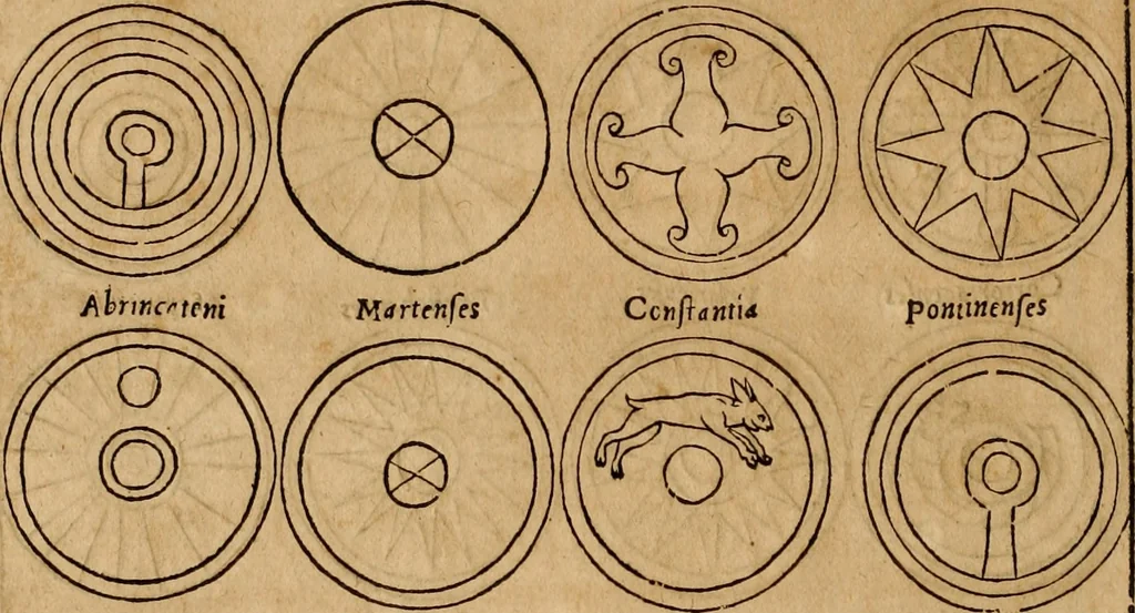 An illustration from Notitia vtraqve cvm orientis tvm occidentis vltra Arcadii Honoriiqve Cæsarvm tempora, illustre uetustatis monumentum, imò thesaurus prorsum incomparabilis : Præcedit aute D. Andreæ Alciati libellus, De magistratib. ciuilibusq; ac militaribus officijs, partim ex hac ipsa Notitia, partim aliunde desumptus : cvi succedit Descriptio urbis Romæ, quæ sub titulo Pub. Victoris circumfertur : & altera urbis Constantinopolitanæ incerto autore, nunquã antehac typis excusa, imperialium uidelicet ac primariaru sedium utriusq reipub : svbiungitur Notitiis uetustus liber De rebvs bellicis ad Theodosium Aug & filios eius Arcadium atq; Honorium, ut uidetur, scriptus incerto autore : item, ne quid de antiquo exemplari omitteretur, Disputatio Adriani Aug. & Epicteti philosophi, 1552, leaf 125