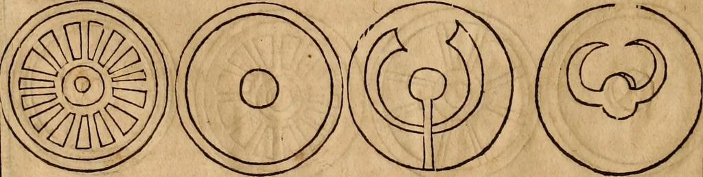 An illustration from Notitia vtraqve cvm orientis tvm occidentis vltra Arcadii Honoriiqve Cæsarvm tempora, illustre uetustatis monumentum, imò thesaurus prorsum incomparabilis : Præcedit aute D. Andreæ Alciati libellus, De magistratib. ciuilibusq; ac militaribus officijs, partim ex hac ipsa Notitia, partim aliunde desumptus : cvi succedit Descriptio urbis Romæ, quæ sub titulo Pub. Victoris circumfertur : & altera urbis Constantinopolitanæ incerto autore, nunquã antehac typis excusa, imperialium uidelicet ac primariaru sedium utriusq reipub : svbiungitur Notitiis uetustus liber De rebvs bellicis ad Theodosium Aug & filios eius Arcadium atq; Honorium, ut uidetur, scriptus incerto autore : item, ne quid de antiquo exemplari omitteretur, Disputatio Adriani Aug. & Epicteti philosophi, 1552, leaf 125