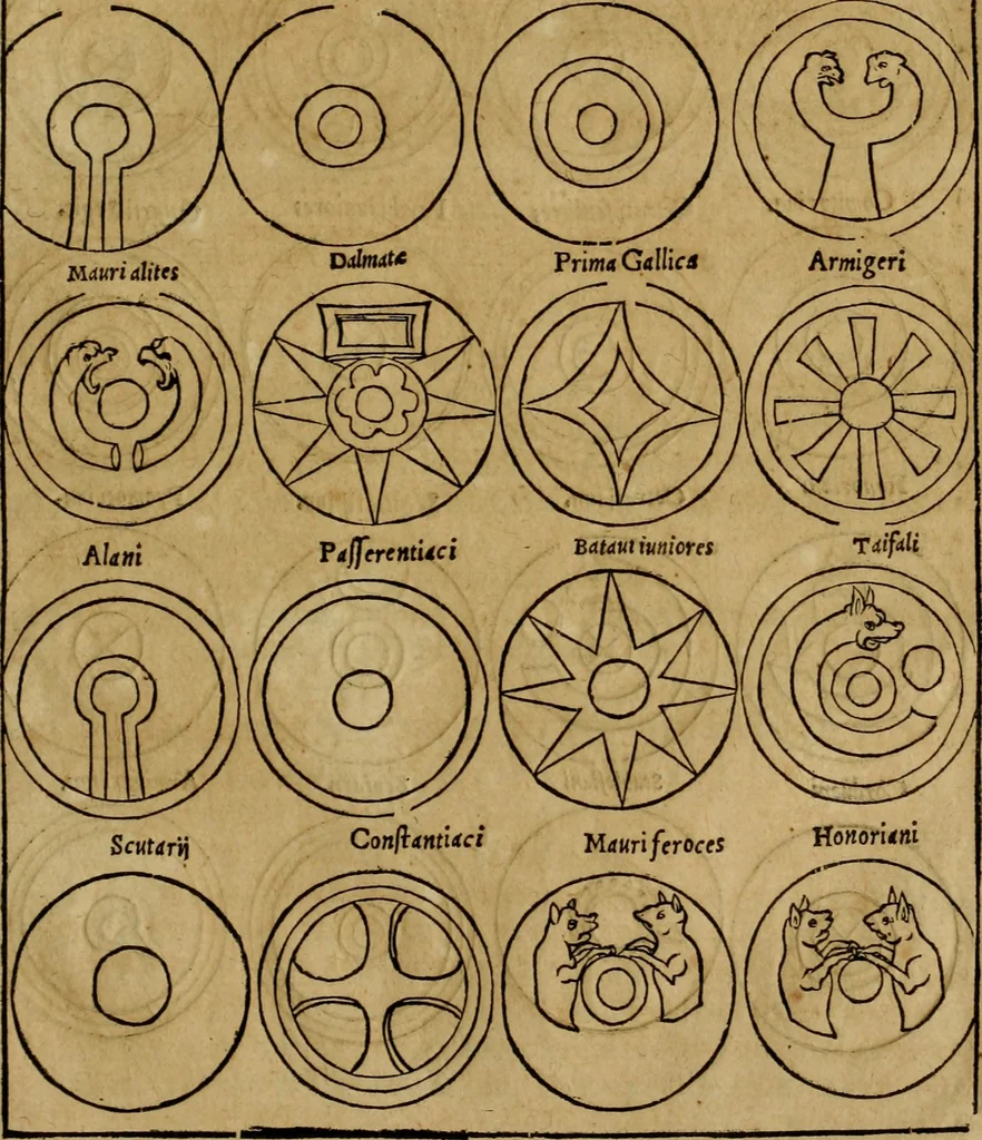 An illustration from Notitia vtraqve cvm orientis tvm occidentis vltra Arcadii Honoriiqve Cæsarvm tempora, illustre uetustatis monumentum, imò thesaurus prorsum incomparabilis : Præcedit aute D. Andreæ Alciati libellus, De magistratib. ciuilibusq; ac militaribus officijs, partim ex hac ipsa Notitia, partim aliunde desumptus : cvi succedit Descriptio urbis Romæ, quæ sub titulo Pub. Victoris circumfertur : & altera urbis Constantinopolitanæ incerto autore, nunquã antehac typis excusa, imperialium uidelicet ac primariaru sedium utriusq reipub : svbiungitur Notitiis uetustus liber De rebvs bellicis ad Theodosium Aug & filios eius Arcadium atq; Honorium, ut uidetur, scriptus incerto autore : item, ne quid de antiquo exemplari omitteretur, Disputatio Adriani Aug. & Epicteti philosophi, 1552, leaf 128