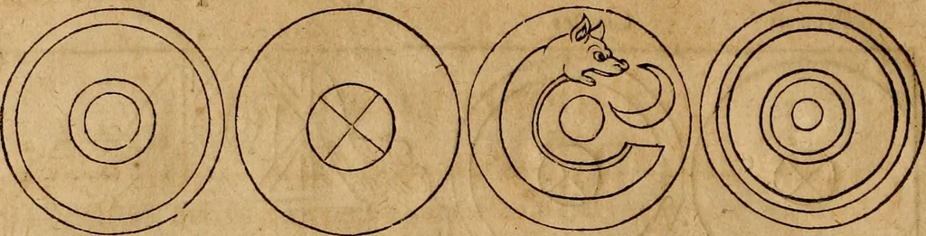 An illustration from Notitia vtraqve cvm orientis tvm occidentis vltra Arcadii Honoriiqve Cæsarvm tempora, illustre uetustatis monumentum, imò thesaurus prorsum incomparabilis : Præcedit aute D. Andreæ Alciati libellus, De magistratib. ciuilibusq; ac militaribus officijs, partim ex hac ipsa Notitia, partim aliunde desumptus : cvi succedit Descriptio urbis Romæ, quæ sub titulo Pub. Victoris circumfertur : & altera urbis Constantinopolitanæ incerto autore, nunquã antehac typis excusa, imperialium uidelicet ac primariaru sedium utriusq reipub : svbiungitur Notitiis uetustus liber De rebvs bellicis ad Theodosium Aug & filios eius Arcadium atq; Honorium, ut uidetur, scriptus incerto autore : item, ne quid de antiquo exemplari omitteretur, Disputatio Adriani Aug. & Epicteti philosophi, 1552, leaf 129