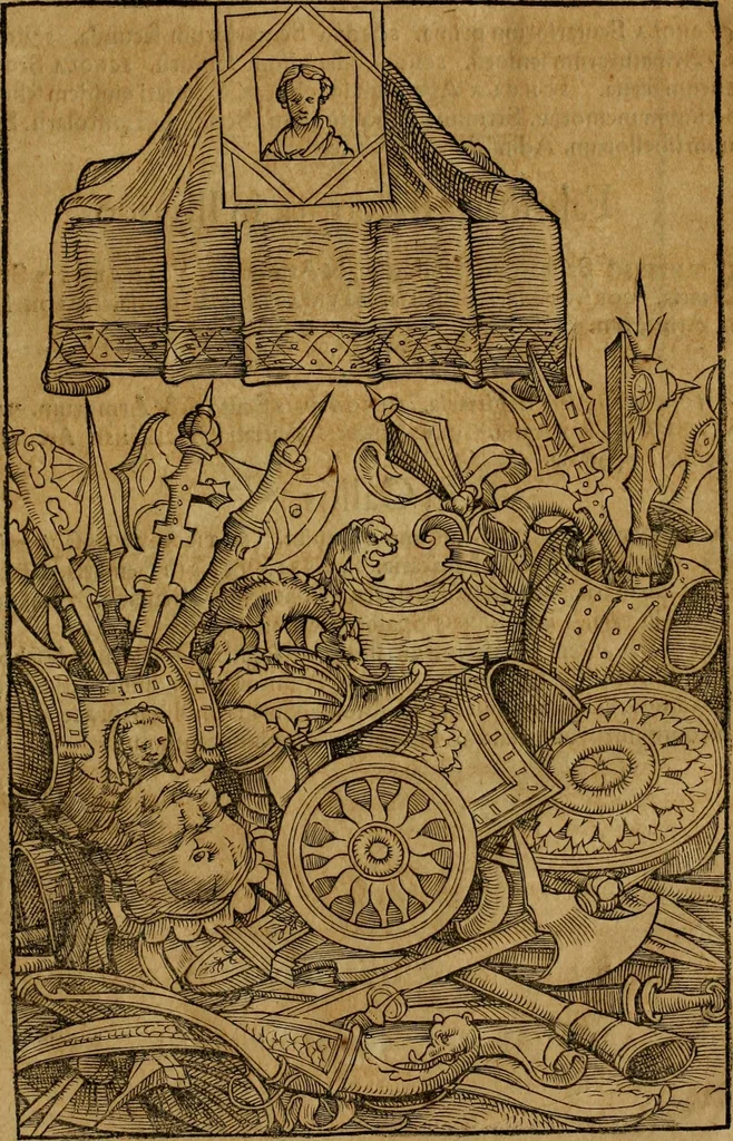 An illustration from Notitia vtraqve cvm orientis tvm occidentis vltra Arcadii Honoriiqve Cæsarvm tempora, illustre uetustatis monumentum, imò thesaurus prorsum incomparabilis : Præcedit aute D. Andreæ Alciati libellus, De magistratib. ciuilibusq; ac militaribus officijs, partim ex hac ipsa Notitia, partim aliunde desumptus : cvi succedit Descriptio urbis Romæ, quæ sub titulo Pub. Victoris circumfertur : & altera urbis Constantinopolitanæ incerto autore, nunquã antehac typis excusa, imperialium uidelicet ac primariaru sedium utriusq reipub : svbiungitur Notitiis uetustus liber De rebvs bellicis ad Theodosium Aug & filios eius Arcadium atq; Honorium, ut uidetur, scriptus incerto autore : item, ne quid de antiquo exemplari omitteretur, Disputatio Adriani Aug. & Epicteti philosophi, 1552, leaf 134