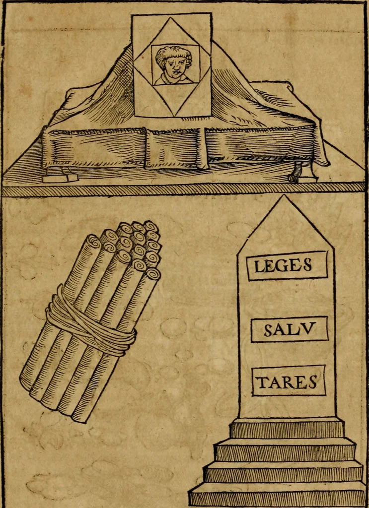An illustration from Notitia vtraqve cvm orientis tvm occidentis vltra Arcadii Honoriiqve Cæsarvm tempora, illustre uetustatis monumentum, imò thesaurus prorsum incomparabilis : Præcedit aute D. Andreæ Alciati libellus, De magistratib. ciuilibusq; ac militaribus officijs, partim ex hac ipsa Notitia, partim aliunde desumptus : cvi succedit Descriptio urbis Romæ, quæ sub titulo Pub. Victoris circumfertur : & altera urbis Constantinopolitanæ incerto autore, nunquã antehac typis excusa, imperialium uidelicet ac primariaru sedium utriusq reipub : svbiungitur Notitiis uetustus liber De rebvs bellicis ad Theodosium Aug & filios eius Arcadium atq; Honorium, ut uidetur, scriptus incerto autore : item, ne quid de antiquo exemplari omitteretur, Disputatio Adriani Aug. & Epicteti philosophi, 1552, leaf 136