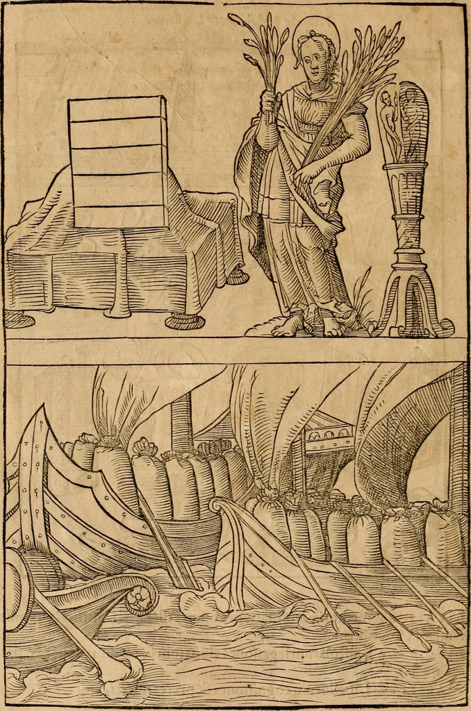 An illustration from Notitia vtraqve cvm orientis tvm occidentis vltra Arcadii Honoriiqve Cæsarvm tempora, illustre uetustatis monumentum, imò thesaurus prorsum incomparabilis : Præcedit aute D. Andreæ Alciati libellus, De magistratib. ciuilibusq; ac militaribus officijs, partim ex hac ipsa Notitia, partim aliunde desumptus : cvi succedit Descriptio urbis Romæ, quæ sub titulo Pub. Victoris circumfertur : & altera urbis Constantinopolitanæ incerto autore, nunquã antehac typis excusa, imperialium uidelicet ac primariaru sedium utriusq reipub : svbiungitur Notitiis uetustus liber De rebvs bellicis ad Theodosium Aug & filios eius Arcadium atq; Honorium, ut uidetur, scriptus incerto autore : item, ne quid de antiquo exemplari omitteretur, Disputatio Adriani Aug. & Epicteti philosophi, 1552, leaf 147