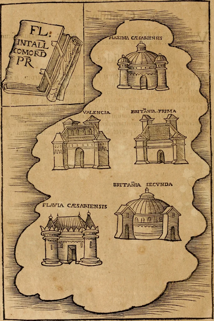 An illustration from Notitia vtraqve cvm orientis tvm occidentis vltra Arcadii Honoriiqve Cæsarvm tempora, illustre uetustatis monumentum, imò thesaurus prorsum incomparabilis : Præcedit aute D. Andreæ Alciati libellus, De magistratib. ciuilibusq; ac militaribus officijs, partim ex hac ipsa Notitia, partim aliunde desumptus : cvi succedit Descriptio urbis Romæ, quæ sub titulo Pub. Victoris circumfertur : & altera urbis Constantinopolitanæ incerto autore, nunquã antehac typis excusa, imperialium uidelicet ac primariaru sedium utriusq reipub : svbiungitur Notitiis uetustus liber De rebvs bellicis ad Theodosium Aug & filios eius Arcadium atq; Honorium, ut uidetur, scriptus incerto autore : item, ne quid de antiquo exemplari omitteretur, Disputatio Adriani Aug. & Epicteti philosophi, 1552, leaf 155
