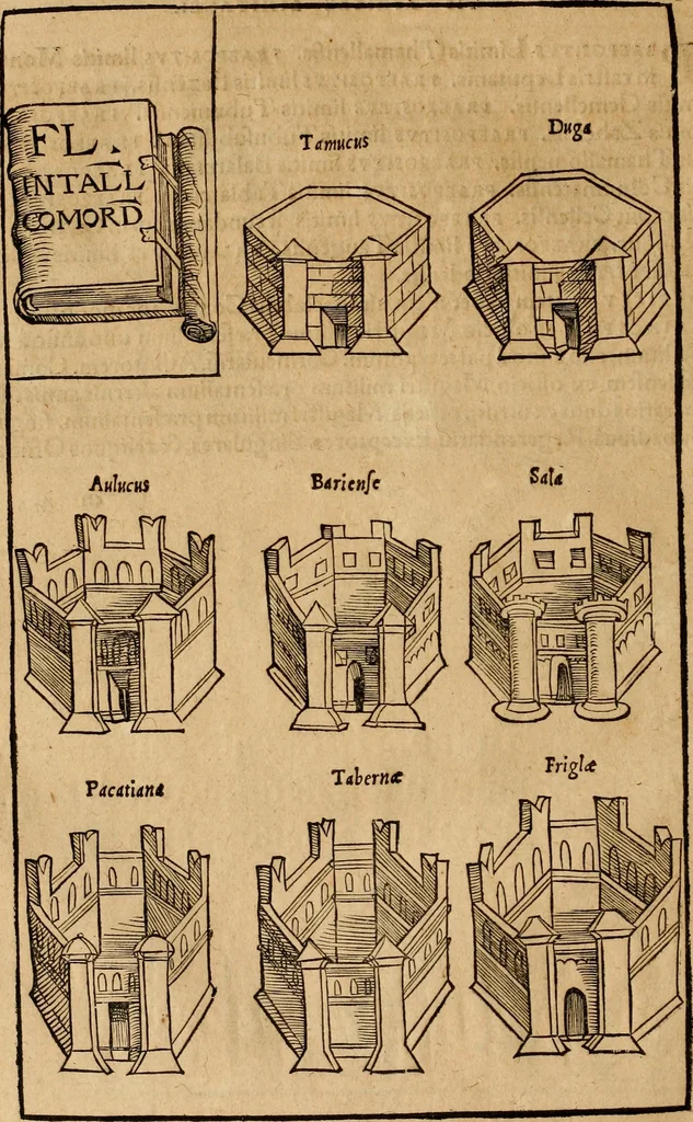 An illustration from Notitia vtraqve cvm orientis tvm occidentis vltra Arcadii Honoriiqve Cæsarvm tempora, illustre uetustatis monumentum, imò thesaurus prorsum incomparabilis : Præcedit aute D. Andreæ Alciati libellus, De magistratib. ciuilibusq; ac militaribus officijs, partim ex hac ipsa Notitia, partim aliunde desumptus : cvi succedit Descriptio urbis Romæ, quæ sub titulo Pub. Victoris circumfertur : & altera urbis Constantinopolitanæ incerto autore, nunquã antehac typis excusa, imperialium uidelicet ac primariaru sedium utriusq reipub : svbiungitur Notitiis uetustus liber De rebvs bellicis ad Theodosium Aug & filios eius Arcadium atq; Honorium, ut uidetur, scriptus incerto autore : item, ne quid de antiquo exemplari omitteretur, Disputatio Adriani Aug. & Epicteti philosophi, 1552, leaf 159