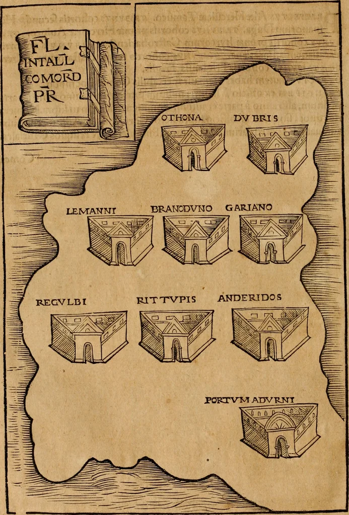 An illustration from Notitia vtraqve cvm orientis tvm occidentis vltra Arcadii Honoriiqve Cæsarvm tempora, illustre uetustatis monumentum, imò thesaurus prorsum incomparabilis : Præcedit aute D. Andreæ Alciati libellus, De magistratib. ciuilibusq; ac militaribus officijs, partim ex hac ipsa Notitia, partim aliunde desumptus : cvi succedit Descriptio urbis Romæ, quæ sub titulo Pub. Victoris circumfertur : & altera urbis Constantinopolitanæ incerto autore, nunquã antehac typis excusa, imperialium uidelicet ac primariaru sedium utriusq reipub : svbiungitur Notitiis uetustus liber De rebvs bellicis ad Theodosium Aug & filios eius Arcadium atq; Honorium, ut uidetur, scriptus incerto autore : item, ne quid de antiquo exemplari omitteretur, Disputatio Adriani Aug. & Epicteti philosophi, 1552, leaf 161