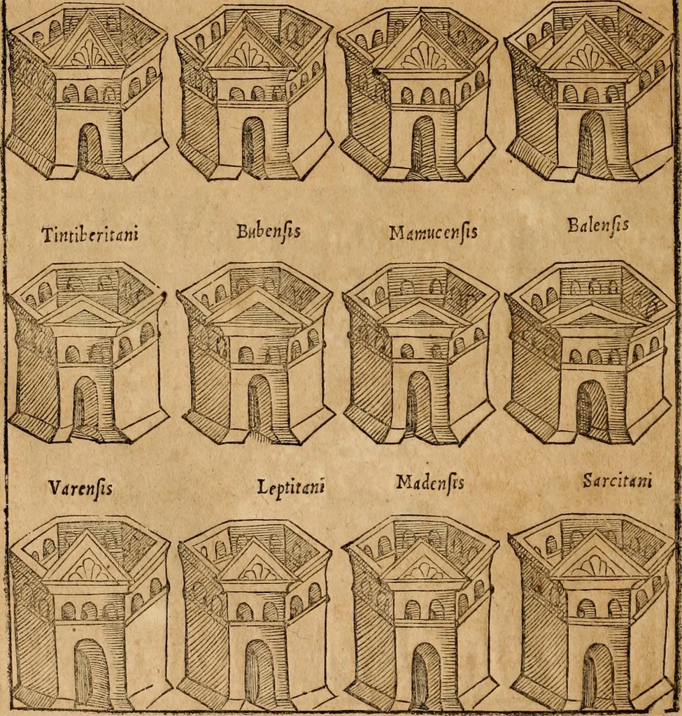 An illustration from Notitia vtraqve cvm orientis tvm occidentis vltra Arcadii Honoriiqve Cæsarvm tempora, illustre uetustatis monumentum, imò thesaurus prorsum incomparabilis : Præcedit aute D. Andreæ Alciati libellus, De magistratib. ciuilibusq; ac militaribus officijs, partim ex hac ipsa Notitia, partim aliunde desumptus : cvi succedit Descriptio urbis Romæ, quæ sub titulo Pub. Victoris circumfertur : & altera urbis Constantinopolitanæ incerto autore, nunquã antehac typis excusa, imperialium uidelicet ac primariaru sedium utriusq reipub : svbiungitur Notitiis uetustus liber De rebvs bellicis ad Theodosium Aug & filios eius Arcadium atq; Honorium, ut uidetur, scriptus incerto autore : item, ne quid de antiquo exemplari omitteretur, Disputatio Adriani Aug. & Epicteti philosophi, 1552, leaf 169