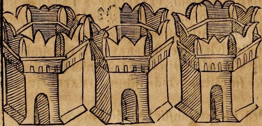 An illustration from Notitia vtraqve cvm orientis tvm occidentis vltra Arcadii Honoriiqve Cæsarvm tempora, illustre uetustatis monumentum, imò thesaurus prorsum incomparabilis : Præcedit aute D. Andreæ Alciati libellus, De magistratib. ciuilibusq; ac militaribus officijs, partim ex hac ipsa Notitia, partim aliunde desumptus : cvi succedit Descriptio urbis Romæ, quæ sub titulo Pub. Victoris circumfertur : & altera urbis Constantinopolitanæ incerto autore, nunquã antehac typis excusa, imperialium uidelicet ac primariaru sedium utriusq reipub : svbiungitur Notitiis uetustus liber De rebvs bellicis ad Theodosium Aug & filios eius Arcadium atq; Honorium, ut uidetur, scriptus incerto autore : item, ne quid de antiquo exemplari omitteretur, Disputatio Adriani Aug. & Epicteti philosophi, 1552, leaf 171