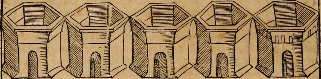 An illustration from Notitia vtraqve cvm orientis tvm occidentis vltra Arcadii Honoriiqve Cæsarvm tempora, illustre uetustatis monumentum, imò thesaurus prorsum incomparabilis : Præcedit aute D. Andreæ Alciati libellus, De magistratib. ciuilibusq; ac militaribus officijs, partim ex hac ipsa Notitia, partim aliunde desumptus : cvi succedit Descriptio urbis Romæ, quæ sub titulo Pub. Victoris circumfertur : & altera urbis Constantinopolitanæ incerto autore, nunquã antehac typis excusa, imperialium uidelicet ac primariaru sedium utriusq reipub : svbiungitur Notitiis uetustus liber De rebvs bellicis ad Theodosium Aug & filios eius Arcadium atq; Honorium, ut uidetur, scriptus incerto autore : item, ne quid de antiquo exemplari omitteretur, Disputatio Adriani Aug. & Epicteti philosophi, 1552, leaf 171