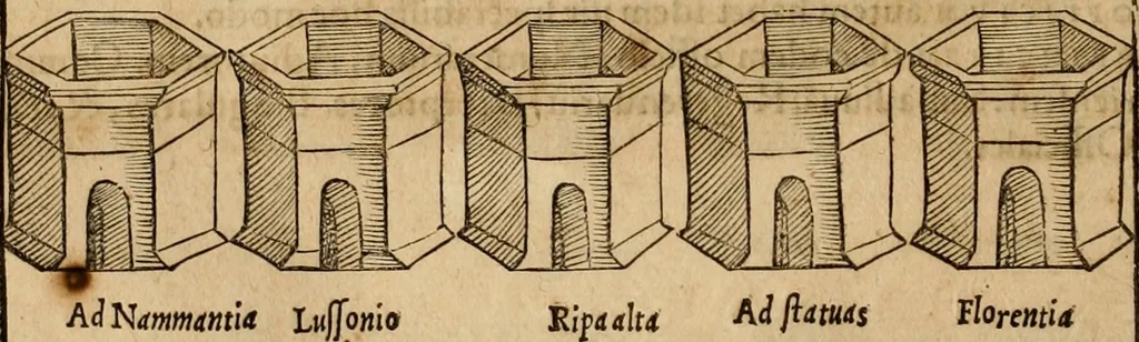 An illustration from Notitia vtraqve cvm orientis tvm occidentis vltra Arcadii Honoriiqve Cæsarvm tempora, illustre uetustatis monumentum, imò thesaurus prorsum incomparabilis : Præcedit aute D. Andreæ Alciati libellus, De magistratib. ciuilibusq; ac militaribus officijs, partim ex hac ipsa Notitia, partim aliunde desumptus : cvi succedit Descriptio urbis Romæ, quæ sub titulo Pub. Victoris circumfertur : & altera urbis Constantinopolitanæ incerto autore, nunquã antehac typis excusa, imperialium uidelicet ac primariaru sedium utriusq reipub : svbiungitur Notitiis uetustus liber De rebvs bellicis ad Theodosium Aug & filios eius Arcadium atq; Honorium, ut uidetur, scriptus incerto autore : item, ne quid de antiquo exemplari omitteretur, Disputatio Adriani Aug. & Epicteti philosophi, 1552, leaf 173
