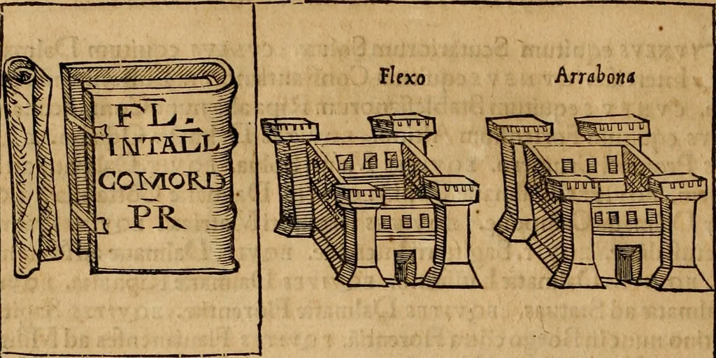 An illustration from Notitia vtraqve cvm orientis tvm occidentis vltra Arcadii Honoriiqve Cæsarvm tempora, illustre uetustatis monumentum, imò thesaurus prorsum incomparabilis : Præcedit aute D. Andreæ Alciati libellus, De magistratib. ciuilibusq; ac militaribus officijs, partim ex hac ipsa Notitia, partim aliunde desumptus : cvi succedit Descriptio urbis Romæ, quæ sub titulo Pub. Victoris circumfertur : & altera urbis Constantinopolitanæ incerto autore, nunquã antehac typis excusa, imperialium uidelicet ac primariaru sedium utriusq reipub : svbiungitur Notitiis uetustus liber De rebvs bellicis ad Theodosium Aug & filios eius Arcadium atq; Honorium, ut uidetur, scriptus incerto autore : item, ne quid de antiquo exemplari omitteretur, Disputatio Adriani Aug. & Epicteti philosophi, 1552, leaf 175