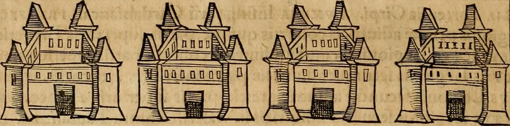 An illustration from Notitia vtraqve cvm orientis tvm occidentis vltra Arcadii Honoriiqve Cæsarvm tempora, illustre uetustatis monumentum, imò thesaurus prorsum incomparabilis : Præcedit aute D. Andreæ Alciati libellus, De magistratib. ciuilibusq; ac militaribus officijs, partim ex hac ipsa Notitia, partim aliunde desumptus : cvi succedit Descriptio urbis Romæ, quæ sub titulo Pub. Victoris circumfertur : & altera urbis Constantinopolitanæ incerto autore, nunquã antehac typis excusa, imperialium uidelicet ac primariaru sedium utriusq reipub : svbiungitur Notitiis uetustus liber De rebvs bellicis ad Theodosium Aug & filios eius Arcadium atq; Honorium, ut uidetur, scriptus incerto autore : item, ne quid de antiquo exemplari omitteretur, Disputatio Adriani Aug. & Epicteti philosophi, 1552, leaf 175