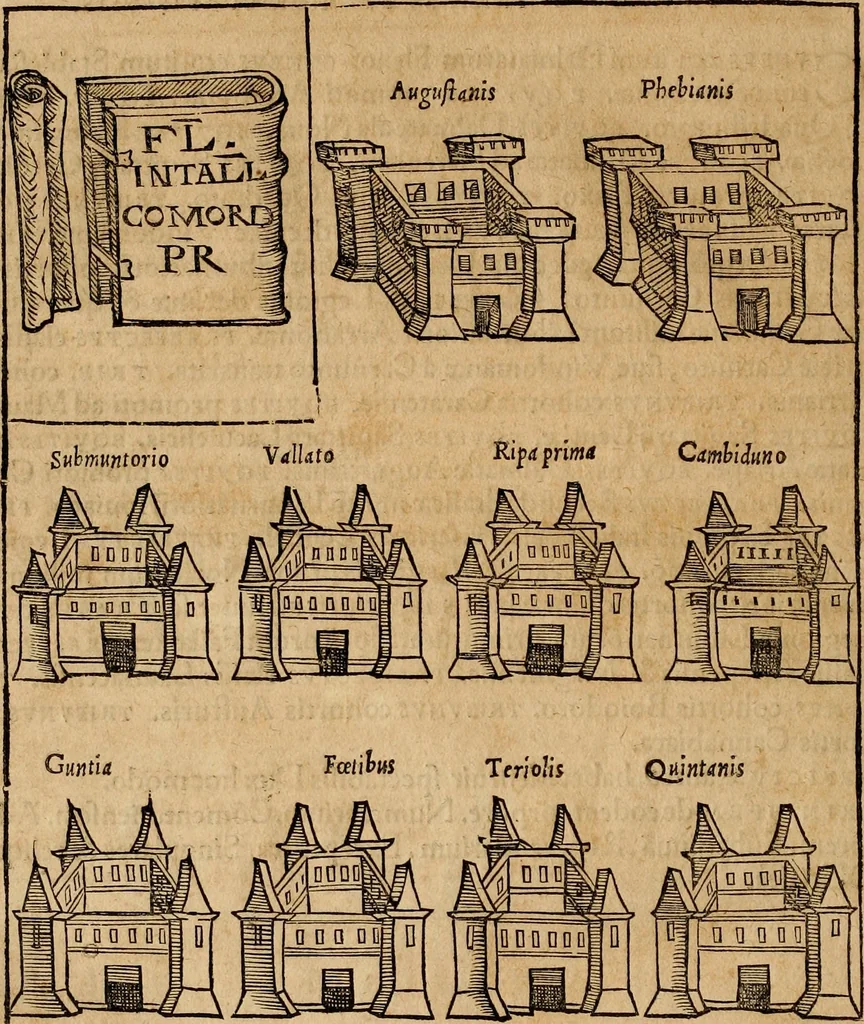 An illustration from Notitia vtraqve cvm orientis tvm occidentis vltra Arcadii Honoriiqve Cæsarvm tempora, illustre uetustatis monumentum, imò thesaurus prorsum incomparabilis : Præcedit aute D. Andreæ Alciati libellus, De magistratib. ciuilibusq; ac militaribus officijs, partim ex hac ipsa Notitia, partim aliunde desumptus : cvi succedit Descriptio urbis Romæ, quæ sub titulo Pub. Victoris circumfertur : & altera urbis Constantinopolitanæ incerto autore, nunquã antehac typis excusa, imperialium uidelicet ac primariaru sedium utriusq reipub : svbiungitur Notitiis uetustus liber De rebvs bellicis ad Theodosium Aug & filios eius Arcadium atq; Honorium, ut uidetur, scriptus incerto autore : item, ne quid de antiquo exemplari omitteretur, Disputatio Adriani Aug. & Epicteti philosophi, 1552, leaf 177