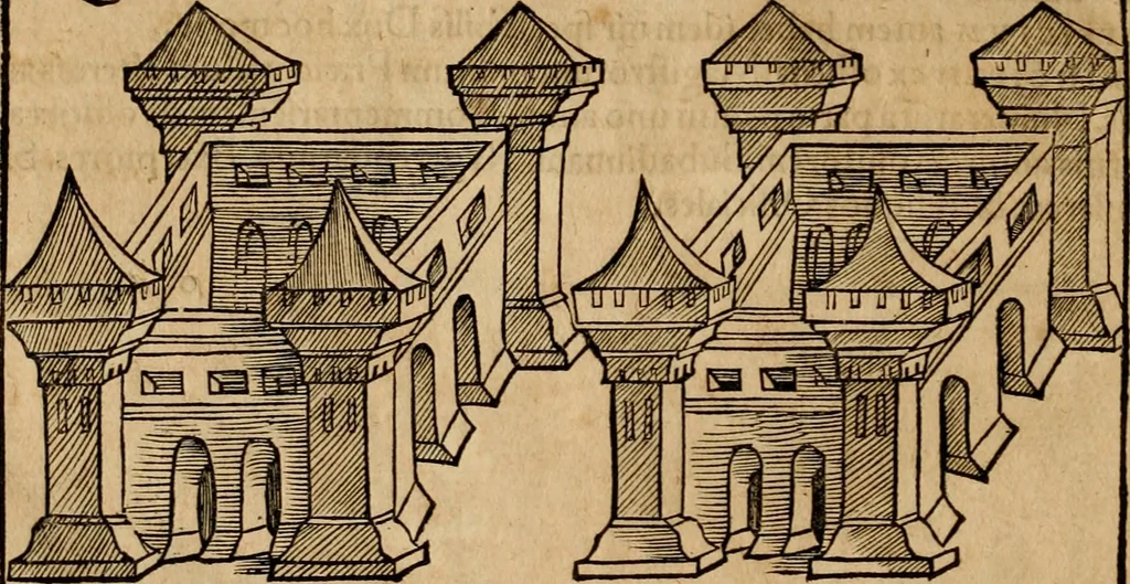 An illustration from Notitia vtraqve cvm orientis tvm occidentis vltra Arcadii Honoriiqve Cæsarvm tempora, illustre uetustatis monumentum, imò thesaurus prorsum incomparabilis : Præcedit aute D. Andreæ Alciati libellus, De magistratib. ciuilibusq; ac militaribus officijs, partim ex hac ipsa Notitia, partim aliunde desumptus : cvi succedit Descriptio urbis Romæ, quæ sub titulo Pub. Victoris circumfertur : & altera urbis Constantinopolitanæ incerto autore, nunquã antehac typis excusa, imperialium uidelicet ac primariaru sedium utriusq reipub : svbiungitur Notitiis uetustus liber De rebvs bellicis ad Theodosium Aug & filios eius Arcadium atq; Honorium, ut uidetur, scriptus incerto autore : item, ne quid de antiquo exemplari omitteretur, Disputatio Adriani Aug. & Epicteti philosophi, 1552, leaf 183