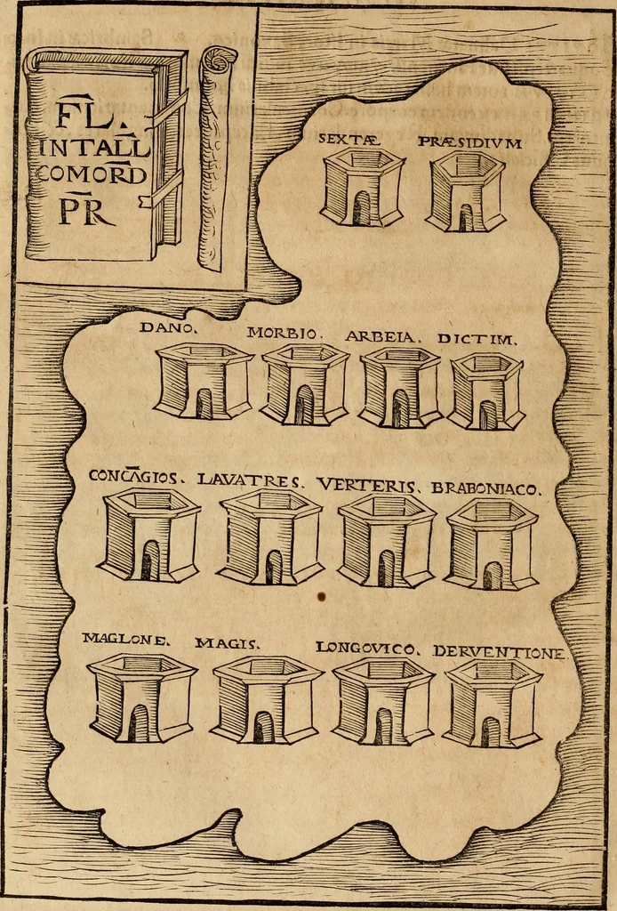 An illustration from Notitia vtraqve cvm orientis tvm occidentis vltra Arcadii Honoriiqve Cæsarvm tempora, illustre uetustatis monumentum, imò thesaurus prorsum incomparabilis : Præcedit aute D. Andreæ Alciati libellus, De magistratib. ciuilibusq; ac militaribus officijs, partim ex hac ipsa Notitia, partim aliunde desumptus : cvi succedit Descriptio urbis Romæ, quæ sub titulo Pub. Victoris circumfertur : & altera urbis Constantinopolitanæ incerto autore, nunquã antehac typis excusa, imperialium uidelicet ac primariaru sedium utriusq reipub : svbiungitur Notitiis uetustus liber De rebvs bellicis ad Theodosium Aug & filios eius Arcadium atq; Honorium, ut uidetur, scriptus incerto autore : item, ne quid de antiquo exemplari omitteretur, Disputatio Adriani Aug. & Epicteti philosophi, 1552, leaf 185