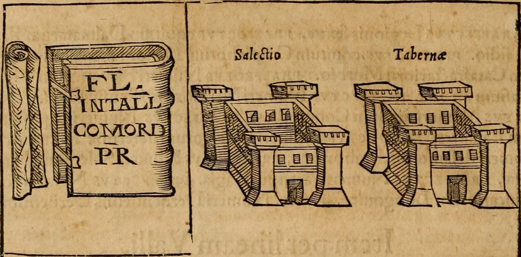 An illustration from Notitia vtraqve cvm orientis tvm occidentis vltra Arcadii Honoriiqve Cæsarvm tempora, illustre uetustatis monumentum, imò thesaurus prorsum incomparabilis : Præcedit aute D. Andreæ Alciati libellus, De magistratib. ciuilibusq; ac militaribus officijs, partim ex hac ipsa Notitia, partim aliunde desumptus : cvi succedit Descriptio urbis Romæ, quæ sub titulo Pub. Victoris circumfertur : & altera urbis Constantinopolitanæ incerto autore, nunquã antehac typis excusa, imperialium uidelicet ac primariaru sedium utriusq reipub : svbiungitur Notitiis uetustus liber De rebvs bellicis ad Theodosium Aug & filios eius Arcadium atq; Honorium, ut uidetur, scriptus incerto autore : item, ne quid de antiquo exemplari omitteretur, Disputatio Adriani Aug. & Epicteti philosophi, 1552, leaf 187