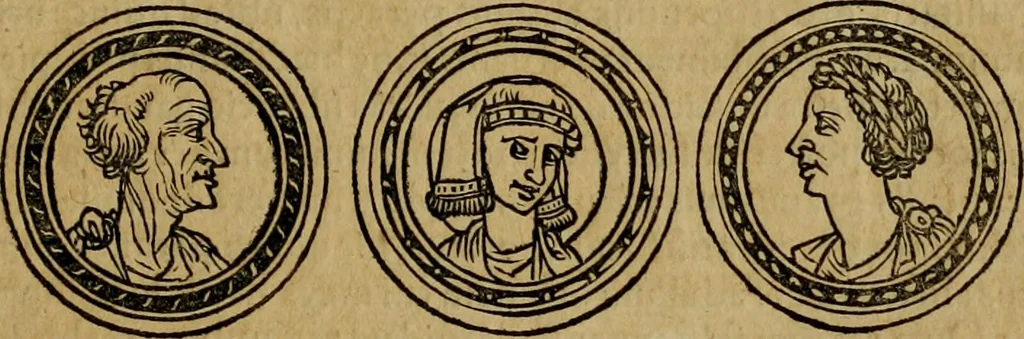 An illustration from Notitia vtraqve cvm orientis tvm occidentis vltra Arcadii Honoriiqve Cæsarvm tempora, illustre uetustatis monumentum, imò thesaurus prorsum incomparabilis : Præcedit aute D. Andreæ Alciati libellus, De magistratib. ciuilibusq; ac militaribus officijs, partim ex hac ipsa Notitia, partim aliunde desumptus : cvi succedit Descriptio urbis Romæ, quæ sub titulo Pub. Victoris circumfertur : & altera urbis Constantinopolitanæ incerto autore, nunquã antehac typis excusa, imperialium uidelicet ac primariaru sedium utriusq reipub : svbiungitur Notitiis uetustus liber De rebvs bellicis ad Theodosium Aug & filios eius Arcadium atq; Honorium, ut uidetur, scriptus incerto autore : item, ne quid de antiquo exemplari omitteretur, Disputatio Adriani Aug. & Epicteti philosophi, 1552, leaf 200