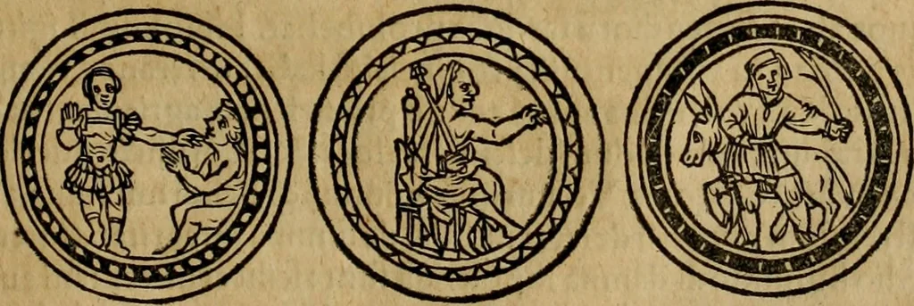 An illustration from Notitia vtraqve cvm orientis tvm occidentis vltra Arcadii Honoriiqve Cæsarvm tempora, illustre uetustatis monumentum, imò thesaurus prorsum incomparabilis : Præcedit aute D. Andreæ Alciati libellus, De magistratib. ciuilibusq; ac militaribus officijs, partim ex hac ipsa Notitia, partim aliunde desumptus : cvi succedit Descriptio urbis Romæ, quæ sub titulo Pub. Victoris circumfertur : & altera urbis Constantinopolitanæ incerto autore, nunquã antehac typis excusa, imperialium uidelicet ac primariaru sedium utriusq reipub : svbiungitur Notitiis uetustus liber De rebvs bellicis ad Theodosium Aug & filios eius Arcadium atq; Honorium, ut uidetur, scriptus incerto autore : item, ne quid de antiquo exemplari omitteretur, Disputatio Adriani Aug. & Epicteti philosophi, 1552, leaf 200