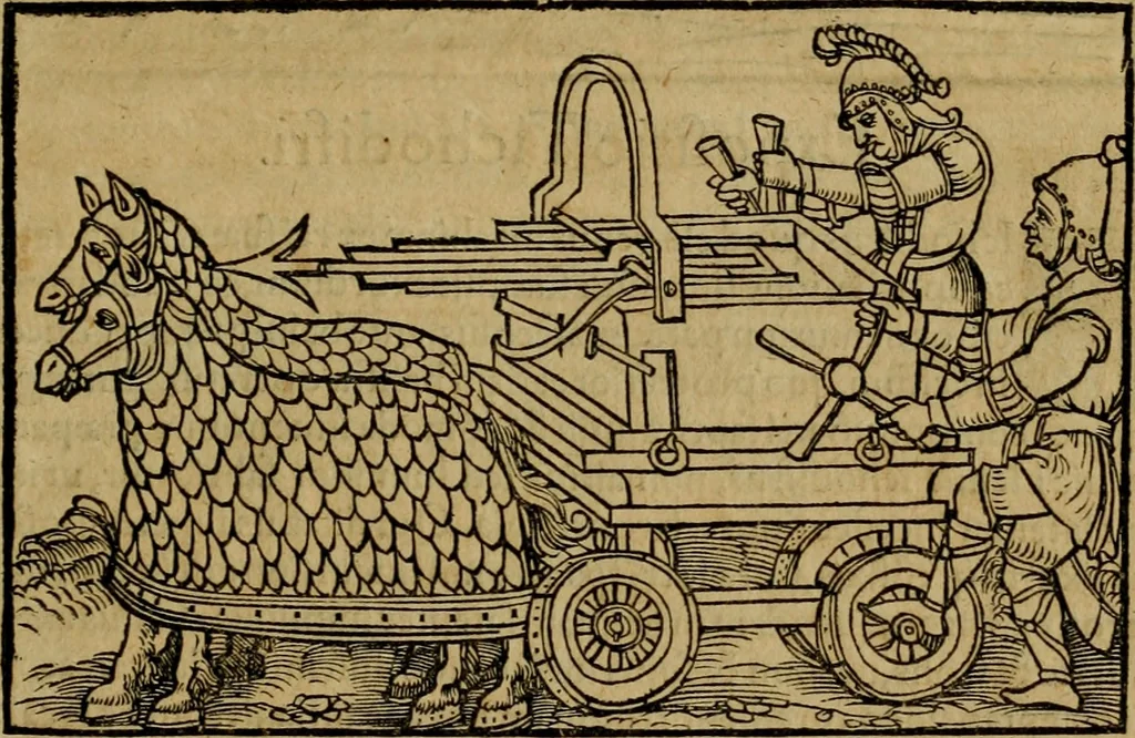 An illustration from Notitia vtraqve cvm orientis tvm occidentis vltra Arcadii Honoriiqve Cæsarvm tempora, illustre uetustatis monumentum, imò thesaurus prorsum incomparabilis : Præcedit aute D. Andreæ Alciati libellus, De magistratib. ciuilibusq; ac militaribus officijs, partim ex hac ipsa Notitia, partim aliunde desumptus : cvi succedit Descriptio urbis Romæ, quæ sub titulo Pub. Victoris circumfertur : & altera urbis Constantinopolitanæ incerto autore, nunquã antehac typis excusa, imperialium uidelicet ac primariaru sedium utriusq reipub : svbiungitur Notitiis uetustus liber De rebvs bellicis ad Theodosium Aug & filios eius Arcadium atq; Honorium, ut uidetur, scriptus incerto autore : item, ne quid de antiquo exemplari omitteretur, Disputatio Adriani Aug. & Epicteti philosophi, 1552, leaf 202