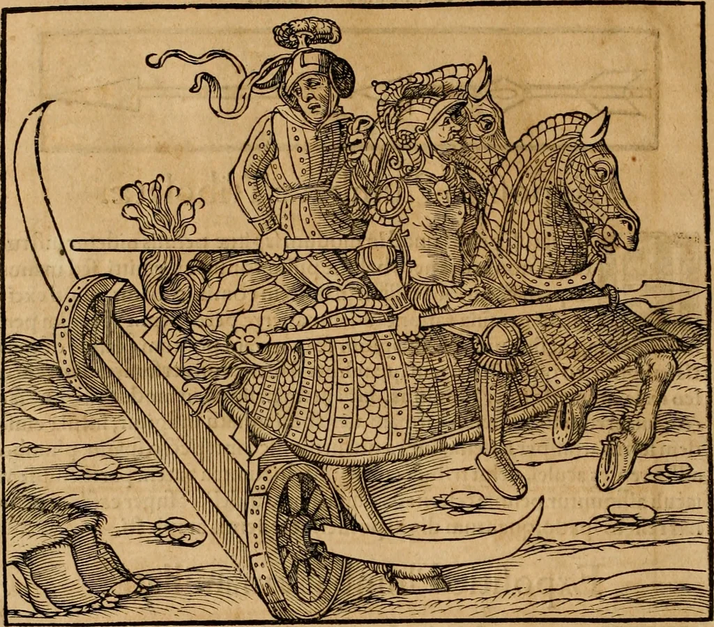 An illustration from Notitia vtraqve cvm orientis tvm occidentis vltra Arcadii Honoriiqve Cæsarvm tempora, illustre uetustatis monumentum, imò thesaurus prorsum incomparabilis : Præcedit aute D. Andreæ Alciati libellus, De magistratib. ciuilibusq; ac militaribus officijs, partim ex hac ipsa Notitia, partim aliunde desumptus : cvi succedit Descriptio urbis Romæ, quæ sub titulo Pub. Victoris circumfertur : & altera urbis Constantinopolitanæ incerto autore, nunquã antehac typis excusa, imperialium uidelicet ac primariaru sedium utriusq reipub : svbiungitur Notitiis uetustus liber De rebvs bellicis ad Theodosium Aug & filios eius Arcadium atq; Honorium, ut uidetur, scriptus incerto autore : item, ne quid de antiquo exemplari omitteretur, Disputatio Adriani Aug. & Epicteti philosophi, 1552, leaf 205