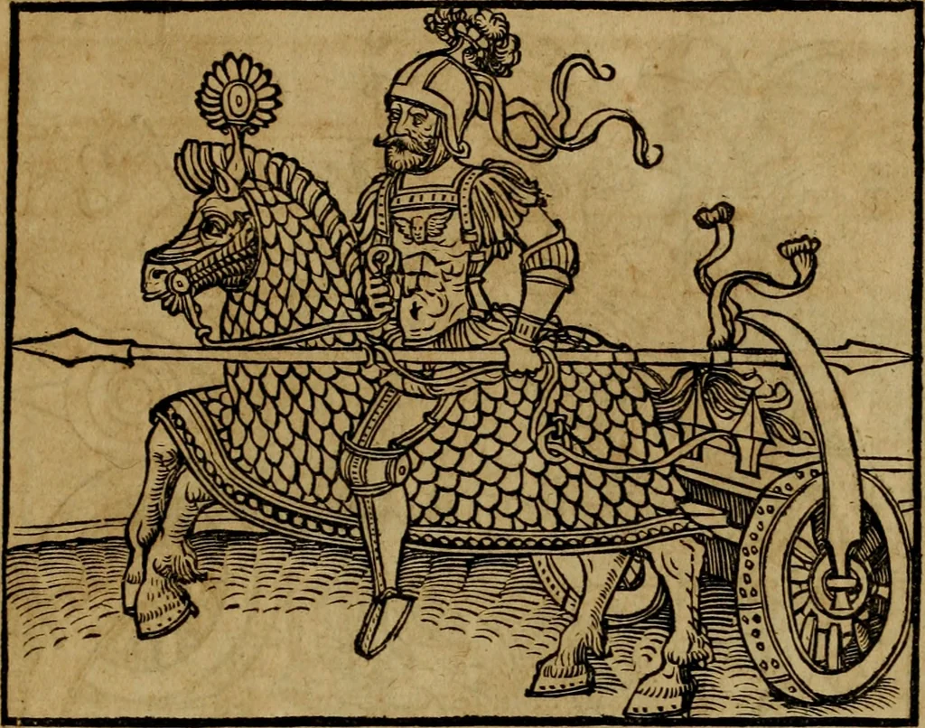 An illustration from Notitia vtraqve cvm orientis tvm occidentis vltra Arcadii Honoriiqve Cæsarvm tempora, illustre uetustatis monumentum, imò thesaurus prorsum incomparabilis : Præcedit aute D. Andreæ Alciati libellus, De magistratib. ciuilibusq; ac militaribus officijs, partim ex hac ipsa Notitia, partim aliunde desumptus : cvi succedit Descriptio urbis Romæ, quæ sub titulo Pub. Victoris circumfertur : & altera urbis Constantinopolitanæ incerto autore, nunquã antehac typis excusa, imperialium uidelicet ac primariaru sedium utriusq reipub : svbiungitur Notitiis uetustus liber De rebvs bellicis ad Theodosium Aug & filios eius Arcadium atq; Honorium, ut uidetur, scriptus incerto autore : item, ne quid de antiquo exemplari omitteretur, Disputatio Adriani Aug. & Epicteti philosophi, 1552, leaf 206