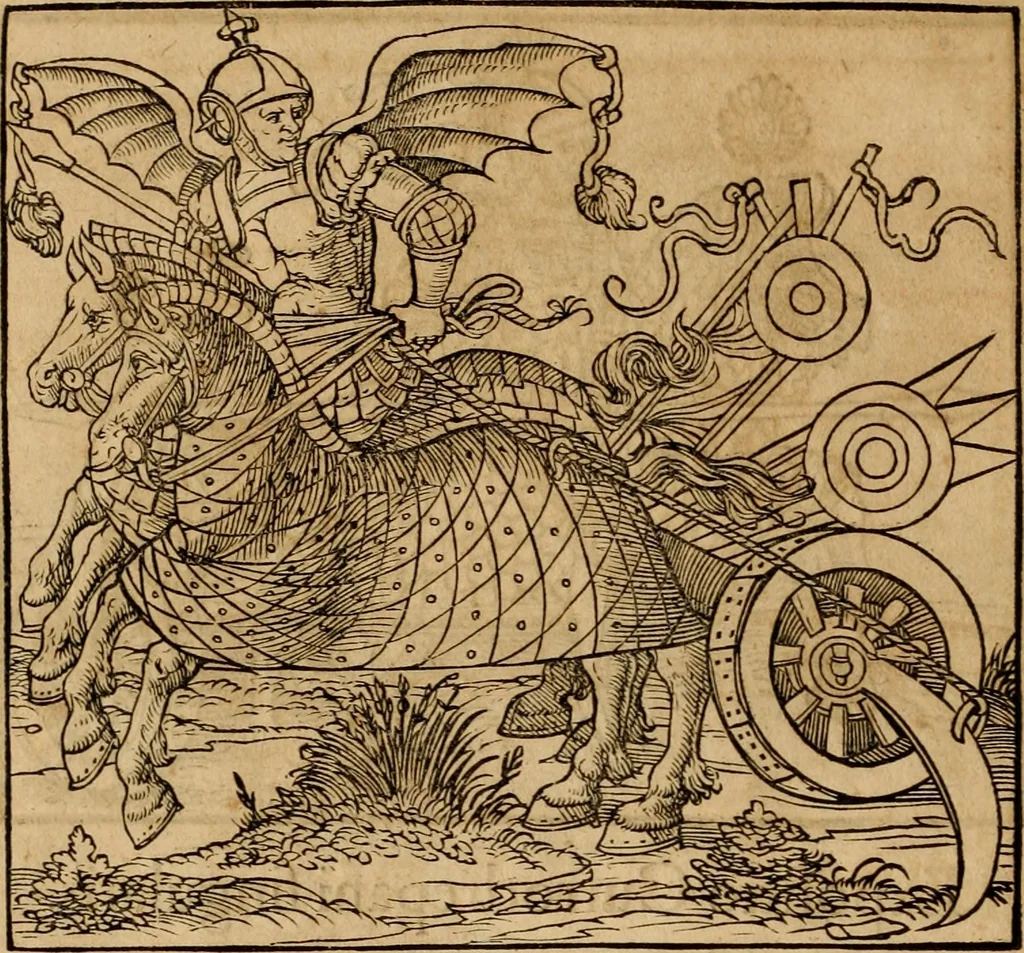 An illustration from Notitia vtraqve cvm orientis tvm occidentis vltra Arcadii Honoriiqve Cæsarvm tempora, illustre uetustatis monumentum, imò thesaurus prorsum incomparabilis : Præcedit aute D. Andreæ Alciati libellus, De magistratib. ciuilibusq; ac militaribus officijs, partim ex hac ipsa Notitia, partim aliunde desumptus : cvi succedit Descriptio urbis Romæ, quæ sub titulo Pub. Victoris circumfertur : & altera urbis Constantinopolitanæ incerto autore, nunquã antehac typis excusa, imperialium uidelicet ac primariaru sedium utriusq reipub : svbiungitur Notitiis uetustus liber De rebvs bellicis ad Theodosium Aug & filios eius Arcadium atq; Honorium, ut uidetur, scriptus incerto autore : item, ne quid de antiquo exemplari omitteretur, Disputatio Adriani Aug. & Epicteti philosophi, 1552, leaf 207