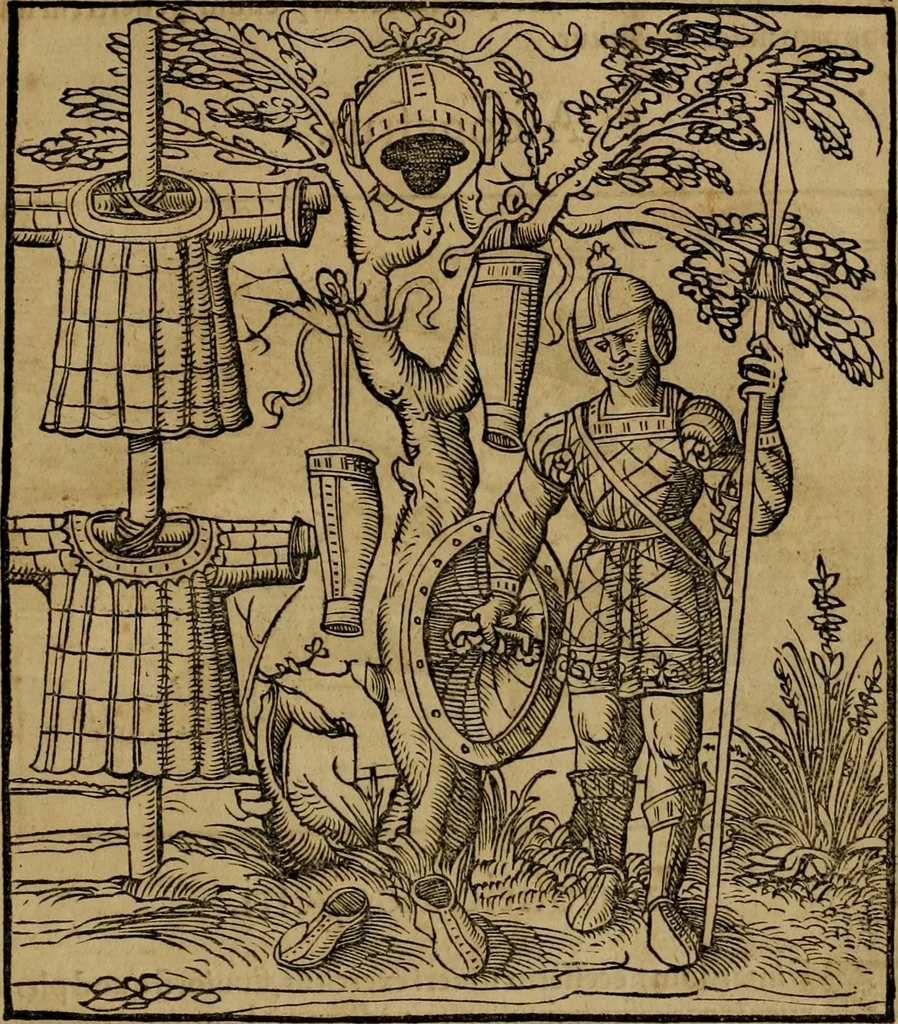 An illustration from Notitia vtraqve cvm orientis tvm occidentis vltra Arcadii Honoriiqve Cæsarvm tempora, illustre uetustatis monumentum, imò thesaurus prorsum incomparabilis : Præcedit aute D. Andreæ Alciati libellus, De magistratib. ciuilibusq; ac militaribus officijs, partim ex hac ipsa Notitia, partim aliunde desumptus : cvi succedit Descriptio urbis Romæ, quæ sub titulo Pub. Victoris circumfertur : & altera urbis Constantinopolitanæ incerto autore, nunquã antehac typis excusa, imperialium uidelicet ac primariaru sedium utriusq reipub : svbiungitur Notitiis uetustus liber De rebvs bellicis ad Theodosium Aug & filios eius Arcadium atq; Honorium, ut uidetur, scriptus incerto autore : item, ne quid de antiquo exemplari omitteretur, Disputatio Adriani Aug. & Epicteti philosophi, 1552, leaf 208